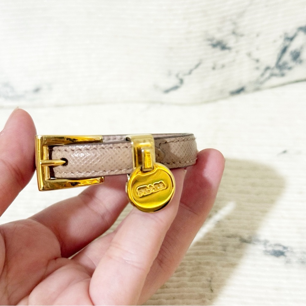 Prada Saffiano Leather Bracelet (Taupe with Gold Toned Hardware, Adjustable) - Picture 7 of 14